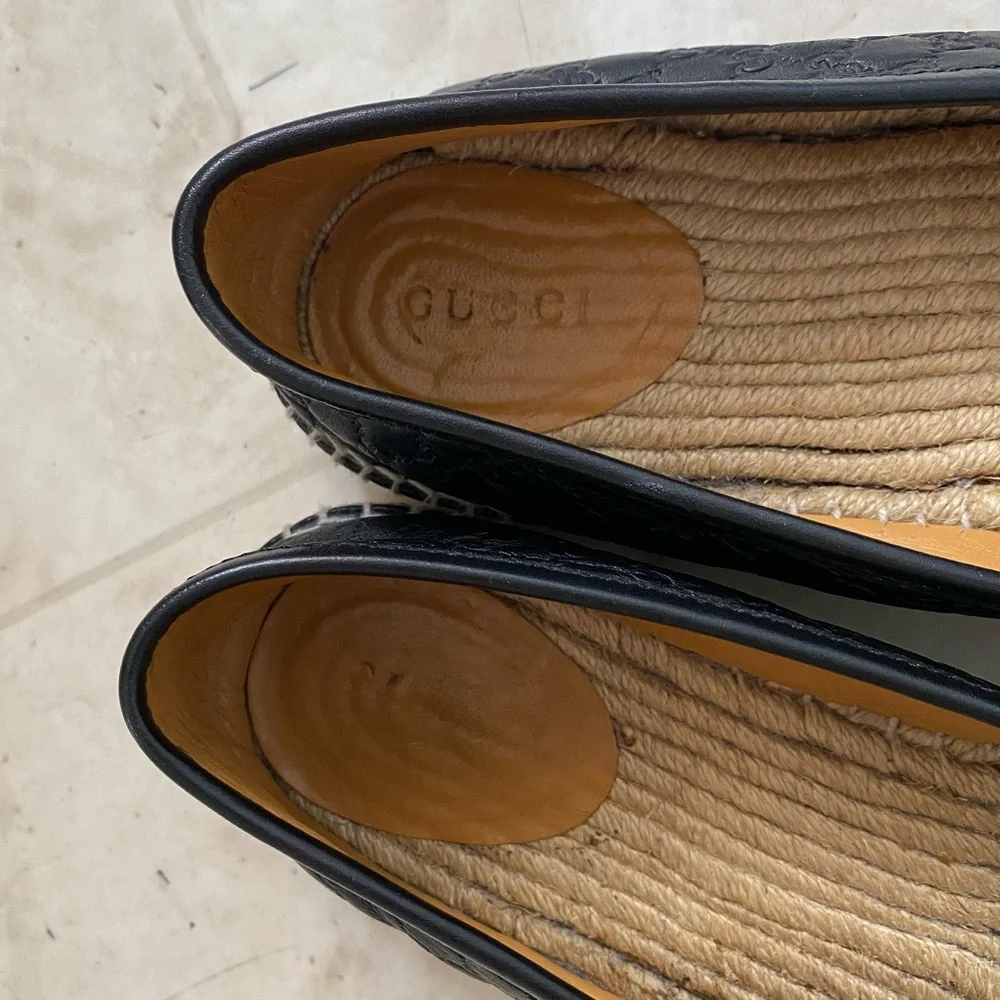 Gucci Micro Guccissima GG Monogram Black Leather Espadrilles Flats Size 8/38